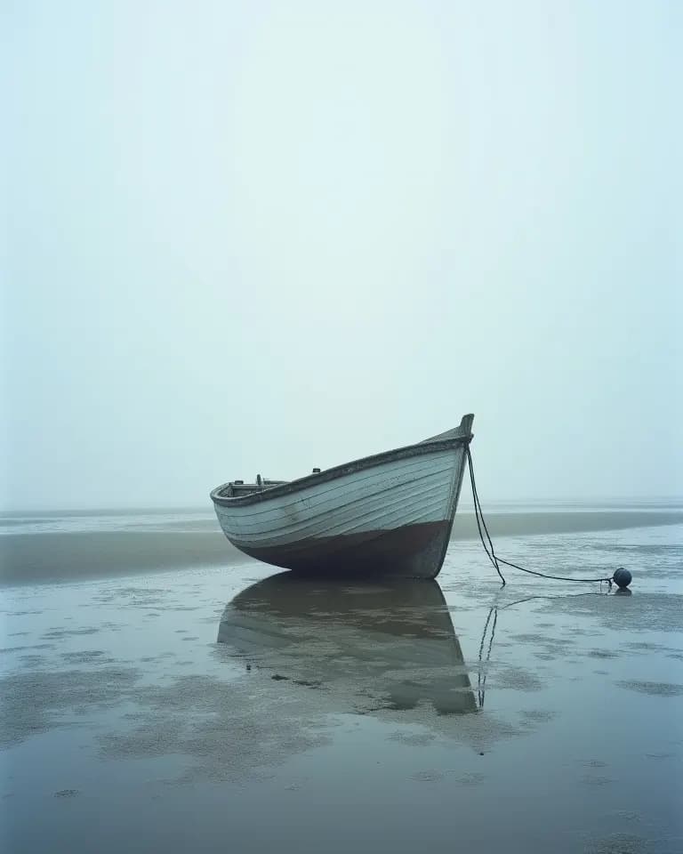 Ein kleines Fischerboot liegt schräg auf dem Watt, ein Tau führt in einen Priel.