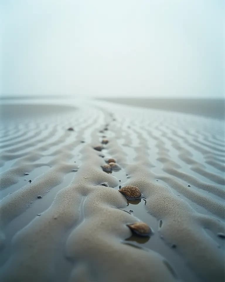 Nasser Sand mit Wellenmuster, flache Wasserrinnen und Muscheln.