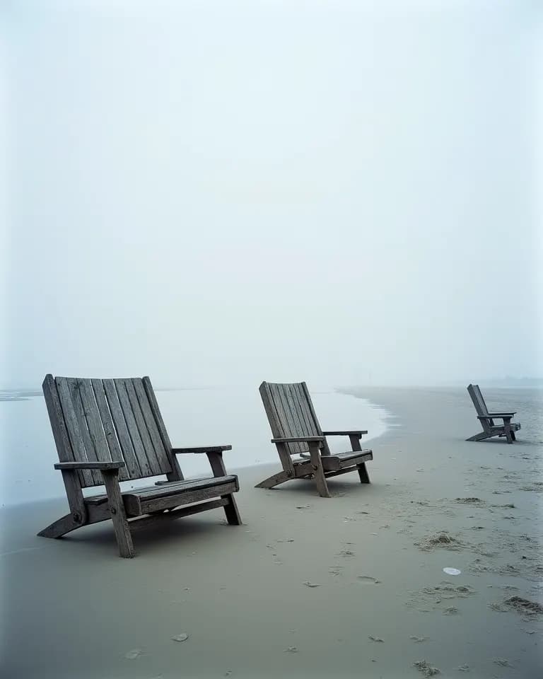 Geschlossene Strandkörbe in Reihen an einem leeren Strand im Nebel.