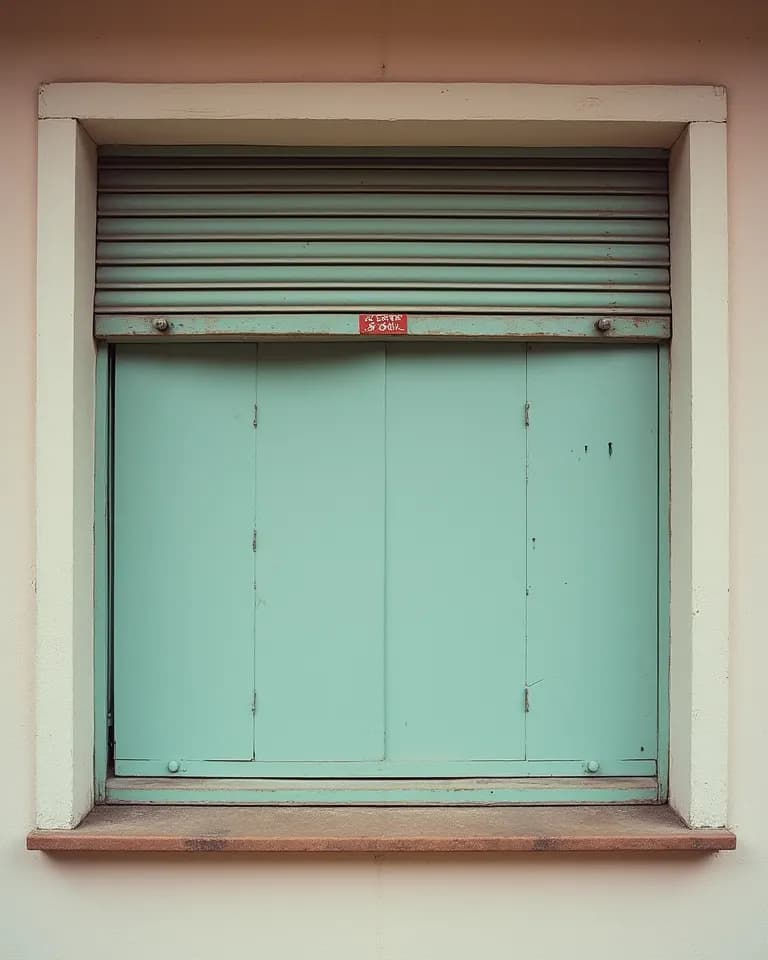Ein geschlossenes Kioskfenster mit mintgrünen Läden, der Rollladen halb heruntergelassen.