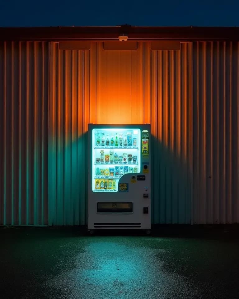Ein beleuchteter Getränkeautomat allein vor einer Wellblechwand.