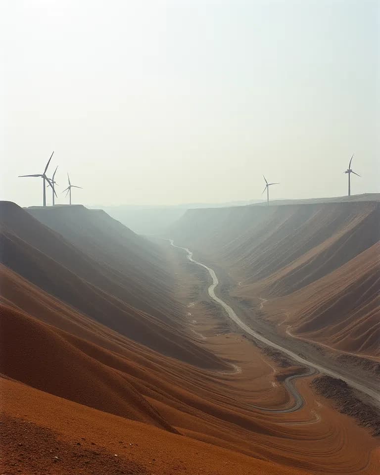 Windräder am Horizont hinter den gestuften Hängen der Grube, dunstiges Licht.